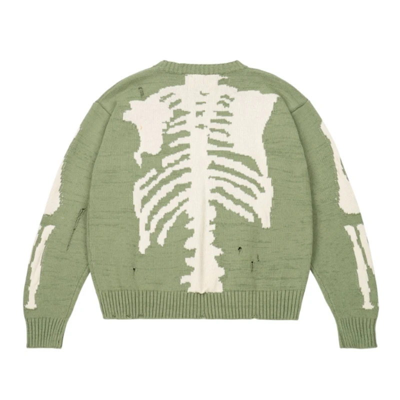 

Women Men Autumn Long Sleeve Sweater Harajuku Skeleton Bone Print Oversized Loose Tops Ripped Hole Knit Pullover Jumper