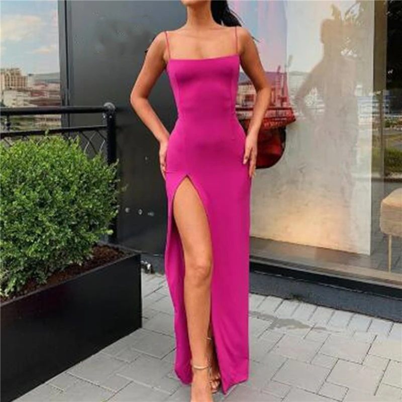 

Sexy Split Solid Slim Lady Maxi Long Dress Fashion Party Elegant Outfits Bodycon Dress Autumn Women Spaghetti Strap Dress