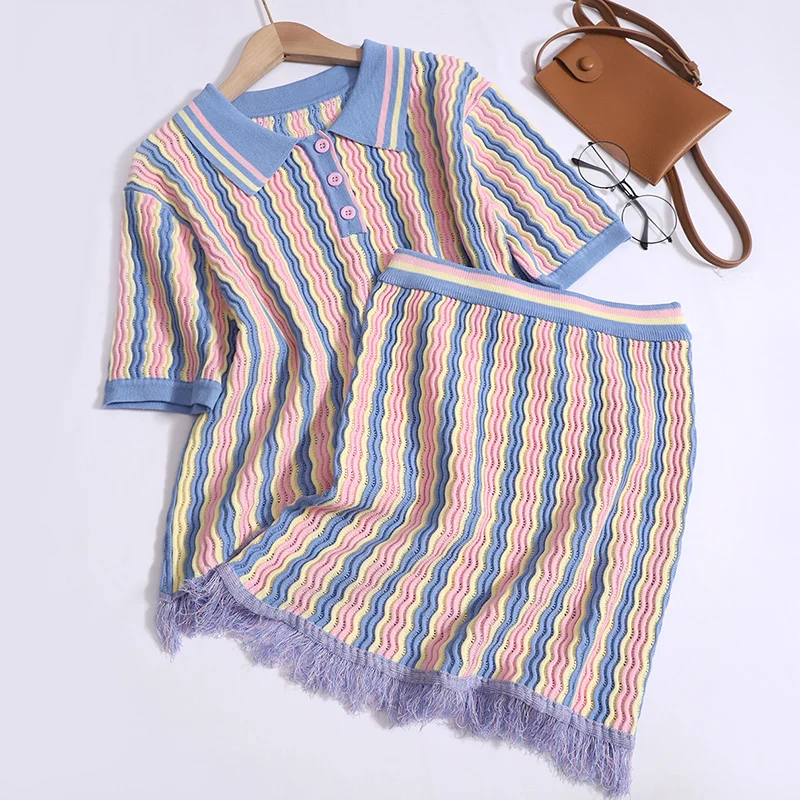 

Summer Knitted Two Pieces Suits Short Sleeve Sweater + High Waist Tassel Bodycon Skirt Women Fashion Streetwear Y2K Knit Sets