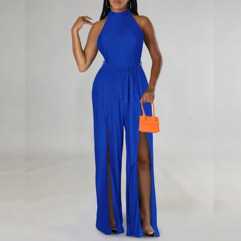 

Женский Летний комбинезон без рукавов, повседневный Длинный комбинезон с ложным воротником и разрезом сбоку