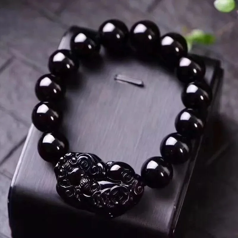 Feng Shui Obsidian Black Stone Beads Bracelet Wealth Pi Xiu Bracelet Wristband Gold Wealth and Good Luck Men Women's Bracelet