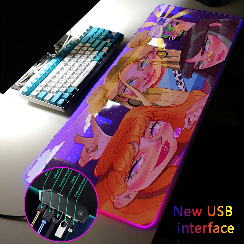 

Anime Girl Multi-interface Large RGB Gaming Mouse Pad Kawaii Pink Four USB Docking Dock USB HUB Typec Interface Gamer Desk Mat