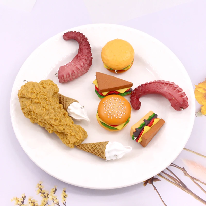 

Кулон в виде большого гамбургера, курицы, ножки, мороженого, смолы, подвески, забавные, кальмар, пицца, кулон для брелока, «сделай сам», изгото...