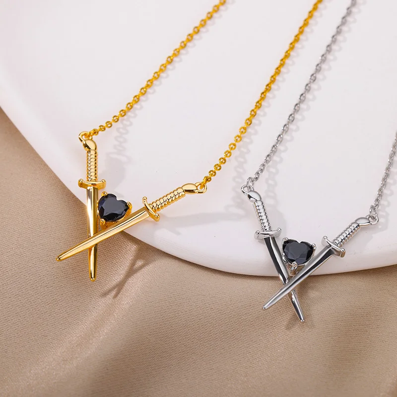 Crossed Swords and Onyx Heart Choker Necklace for Women Fashion Ladies Diamond Pendant Necklaces Stainless Steel Jewelry Gift |