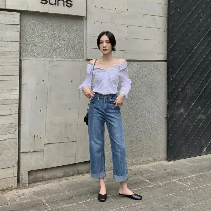 Джинсы женские прямые с высокой талией свободные универсальные повседневные