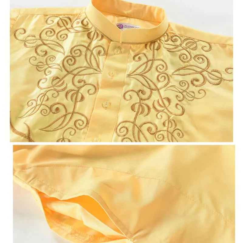 Autumn Embroidery Solid Color Muslim Men's Long Robes Islamic Clothing With Button Stand Collar Jubba Thobe Middle East Kaftan