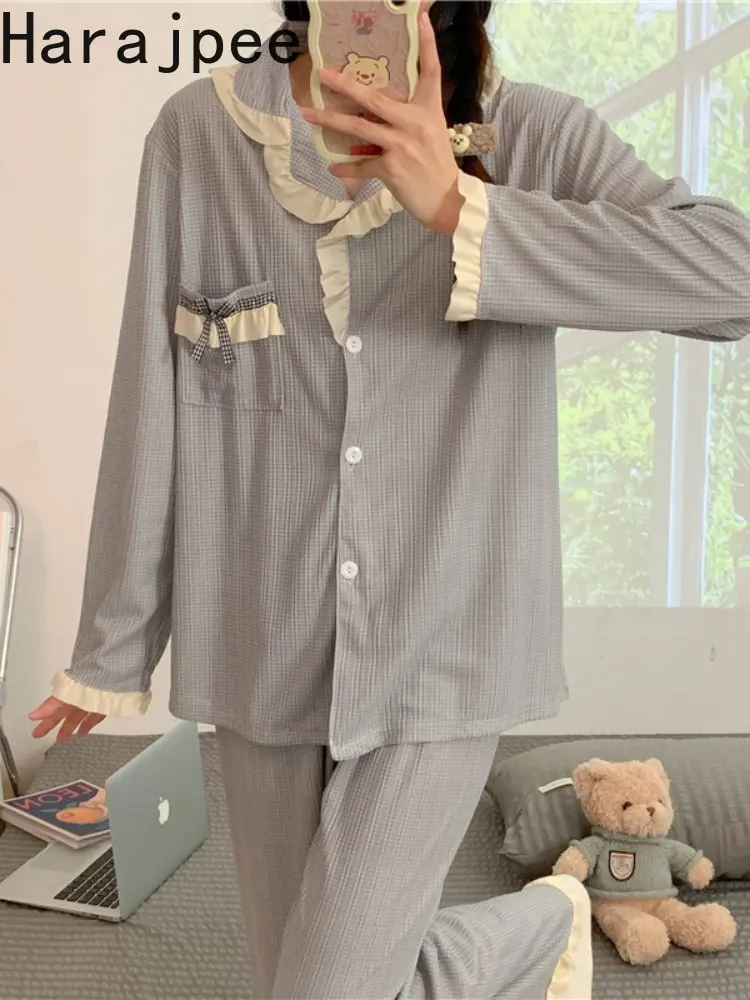 

Женский однотонный пижамный комплект Harajpee с отложным воротником и оборками, на пуговицах