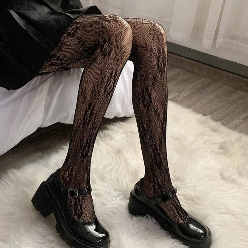 Japanese Style Flower Pattern Hollowed Out Lace Mesh Stochings Pantyhose for Girls Fashion Black White Lolita Stocking Hot Tight