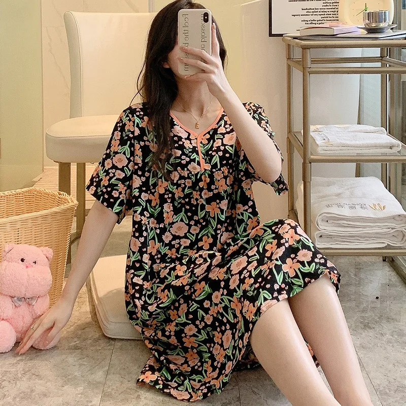 Summer Dress Sexy Sleepwear Women Night Gown Cotton Silk Girl Nightdress