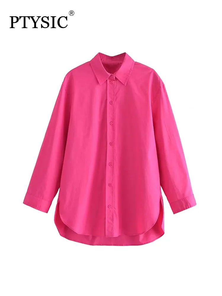 

PTYSIC Women Fashion Spring 2022 Classic Shirt Rose Red Turn-down Collar Long Sleeve Single Breasted Blouse Office Lady Tops