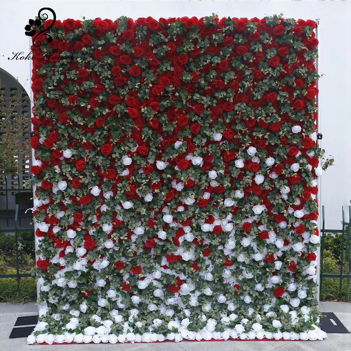 

Koko Flower 5D Red White Gradient Cloth Flower Wall Artificial Rose Eucalyptus Leaves Wedding Background Birthday Party Props