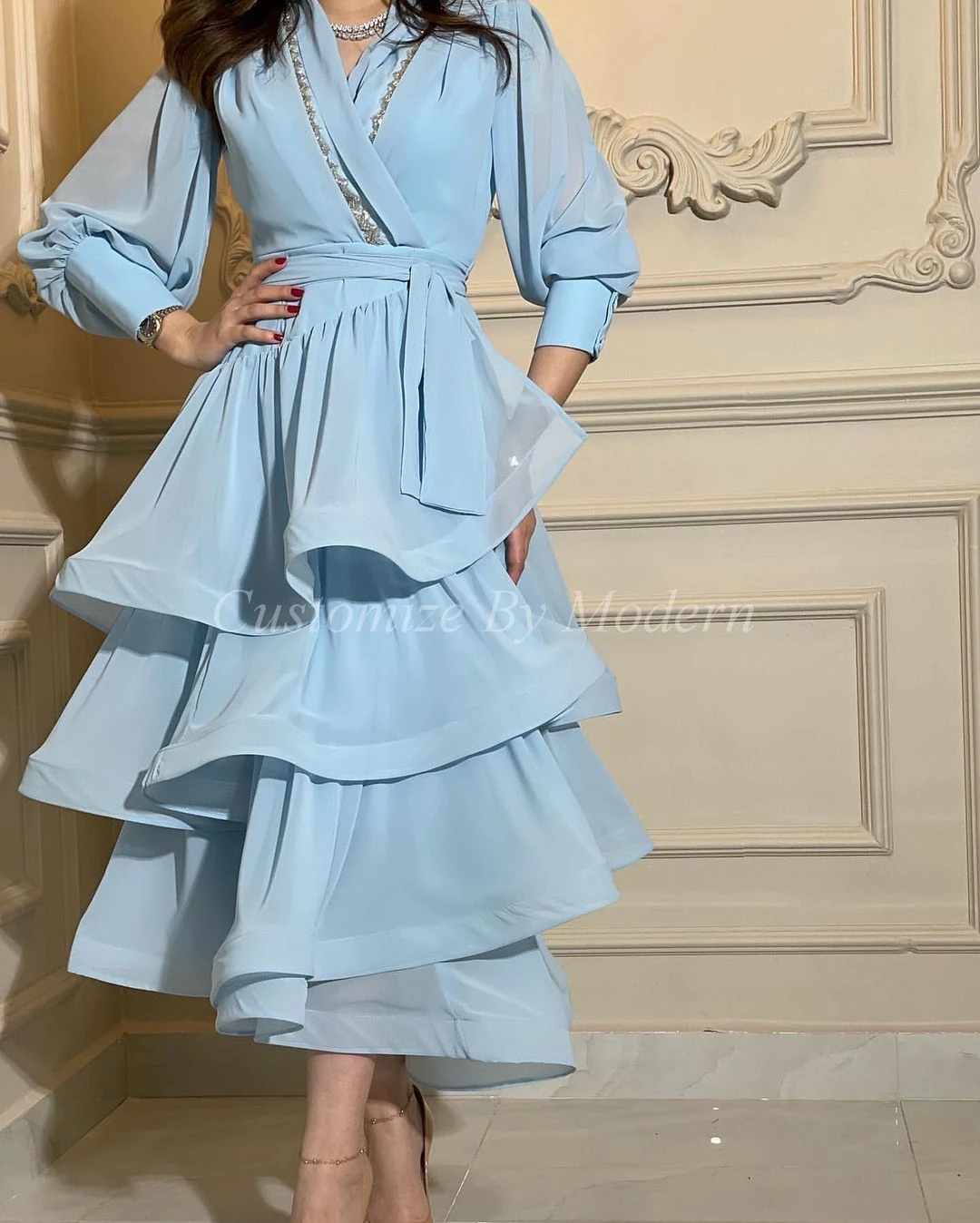 

Light Sky Blue Organza Prom Dresses V Neck Long Sleeves Tiered Ankle Length Saudi Arabia Women Evening Party Dress