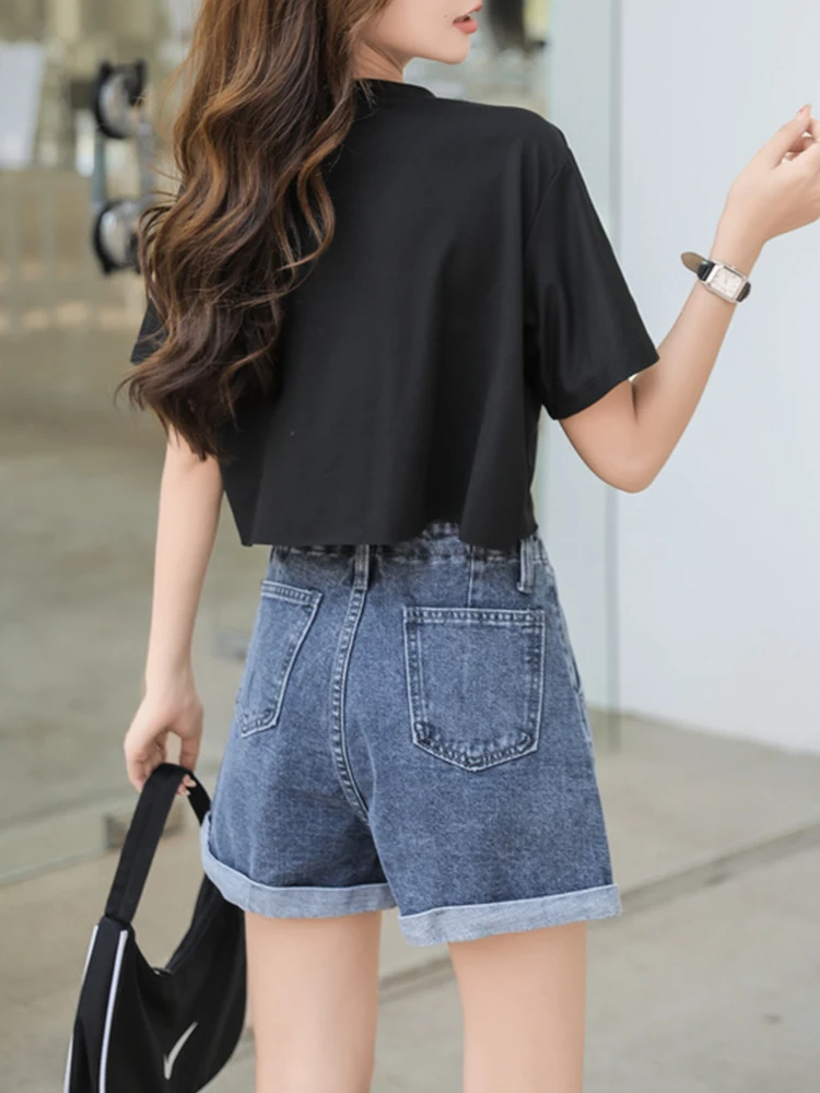 Women Vintage Loose High Waist Denim Shorts Spring Summer Female Streetwear Button Wide Leg Jeans Shorts Bottoms