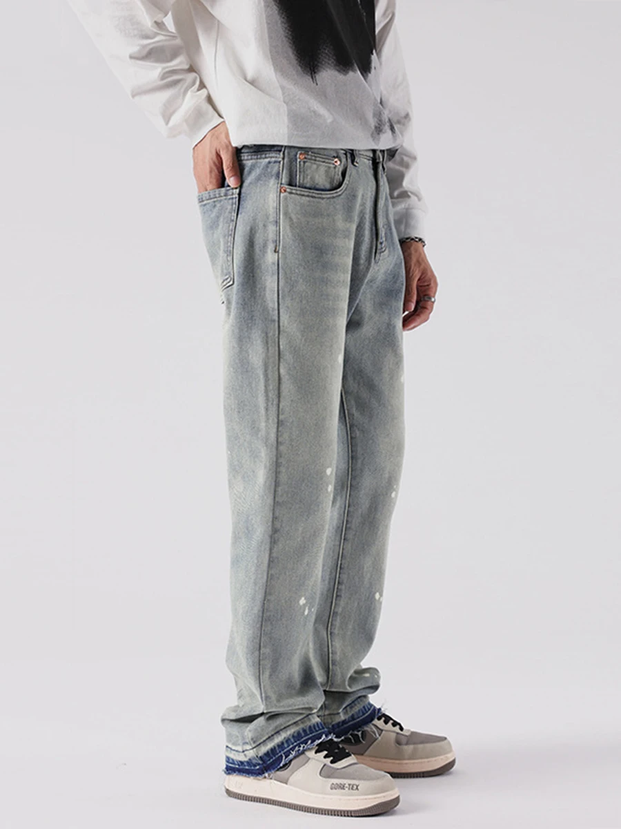 Four Seasons Jeans Vibe Style American High Street Ink Splashed Edge Washed Straight Trousers Streetwear Men Ins Hot Sale JEANS