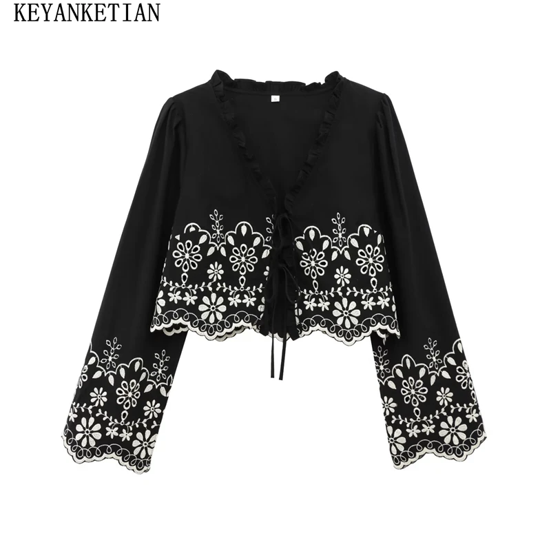 KEYANKETIAN 2025 весенний новый праздничный укороченный топ с вышивкой и v-образным