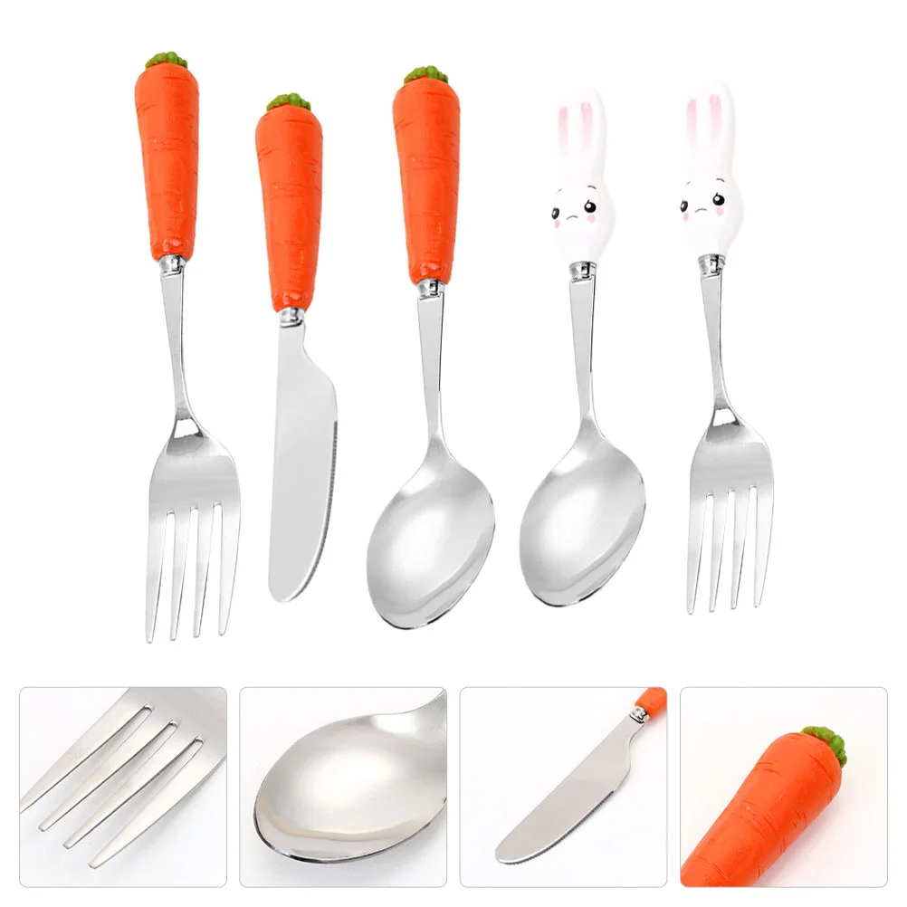 

Spoon Fork Set Child Carrot Utensils Cute Cutlery Silverware Tableware Rabbit Stainless Toddler Steelkids Kid Reusable Lovely