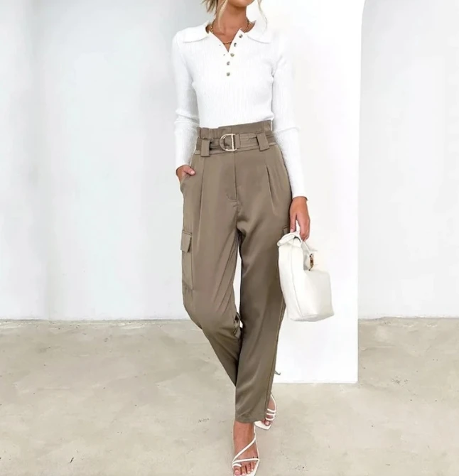 

Two Piece Set for Women 2023 New Temperament Commuting Polo Collar Slim Long-Sleeved Top and Casual Harem Suit Pants Suit