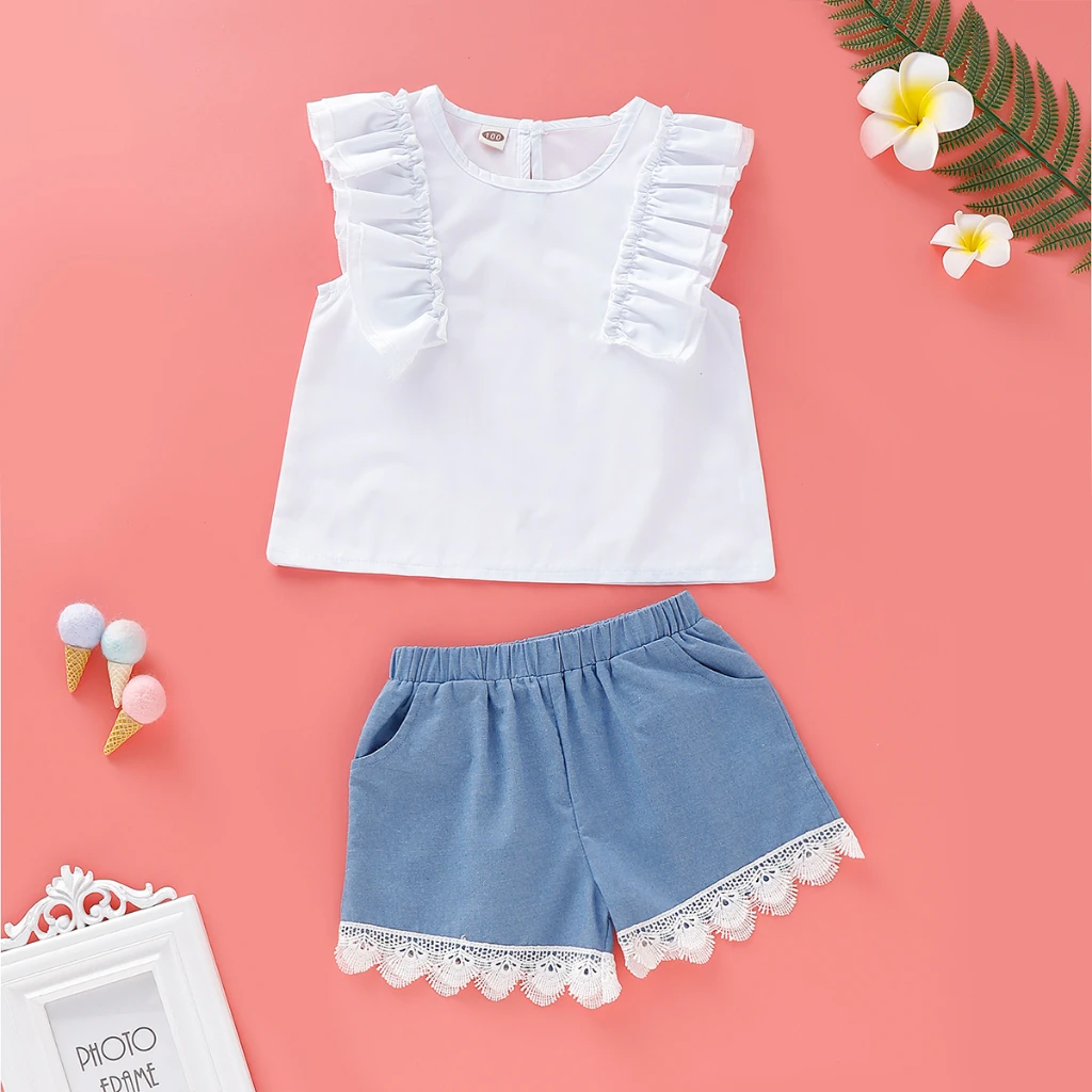 

0-3Years Newborn Baby Girl Daily Clothes Set White Sleeveless Top + Blue Tassel Shorts Girl Summer Lovely 2PCS Outfit