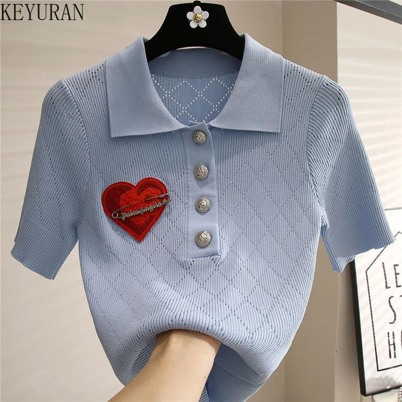 

2022 Summer Love Heart Embroidery POLO Shirt Women's Knitted T-shirt Vintage Button Up Hollow Lapel Short-sleeved Sweater Tops