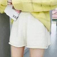 white casual solid color elastic waist wide leg shorts new women summer blue grey chic loose high waist knitted shorts cute wear