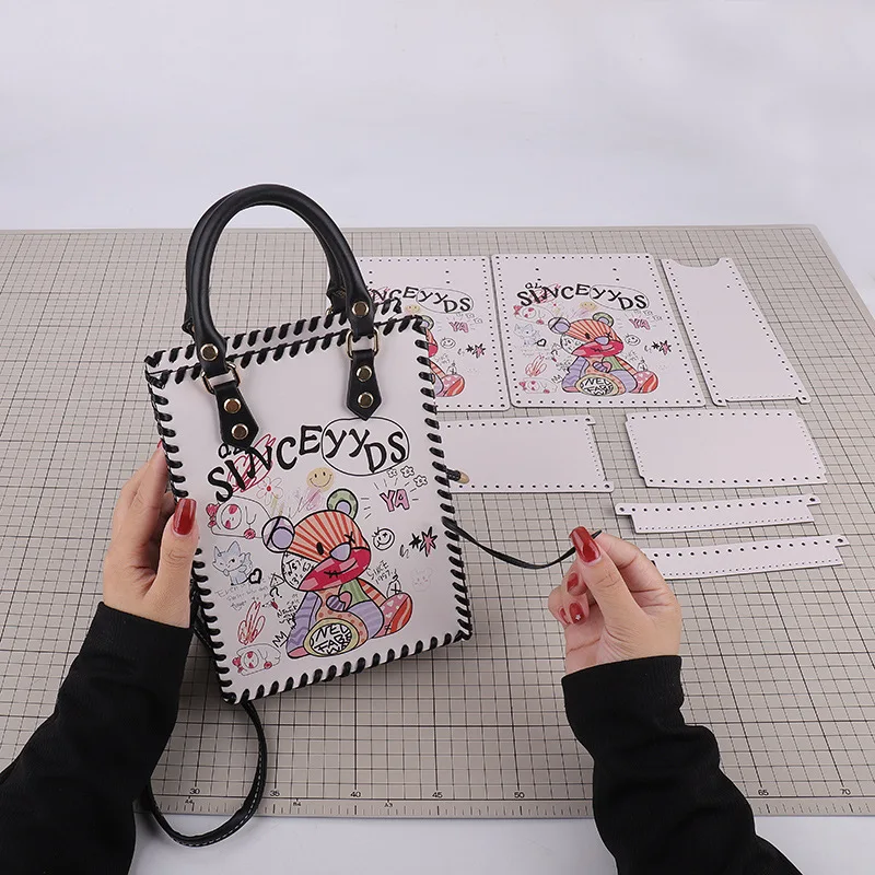 Fashion Handle Shoulder Women Bag Set PU Leather Printing Bear Bag Handbag Hand Stitching Tote Bags DIY Messenger Bag Woven Set