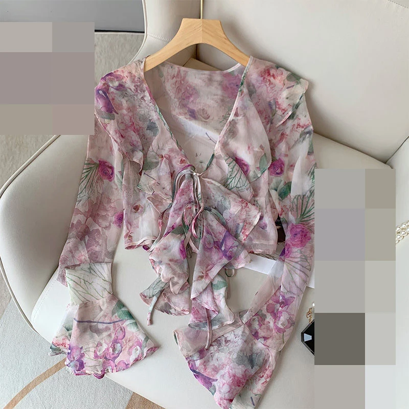chiffon  V-neck shirt  blouses for women fashion 2022  Casual  Turn-down Collar  Floral  blusas femininas elegantes
