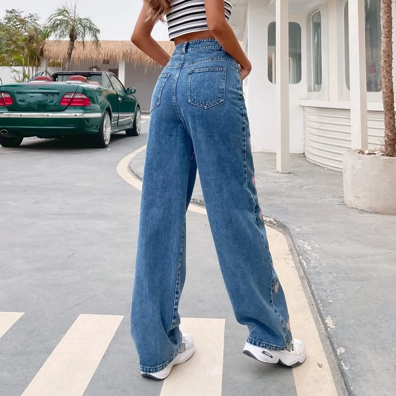 Love Indie Printed Wide Leg Jeans Women Harajuku Wild High Waist Straight Jeans with Pocket Spring Autumn Casual Sweet Trousers