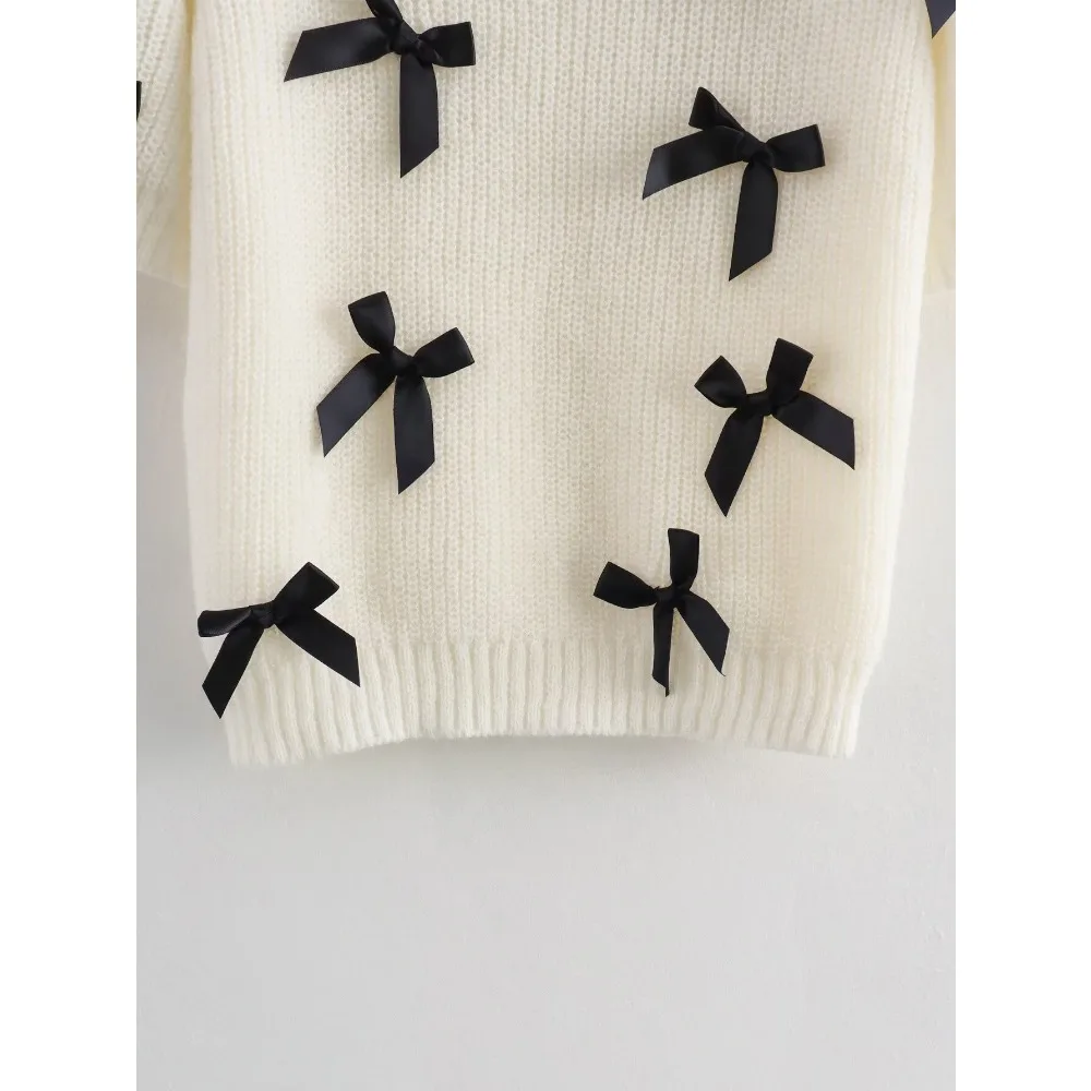 Женский винтажный свитер с коротким рукавом круглым вырезом и бантом