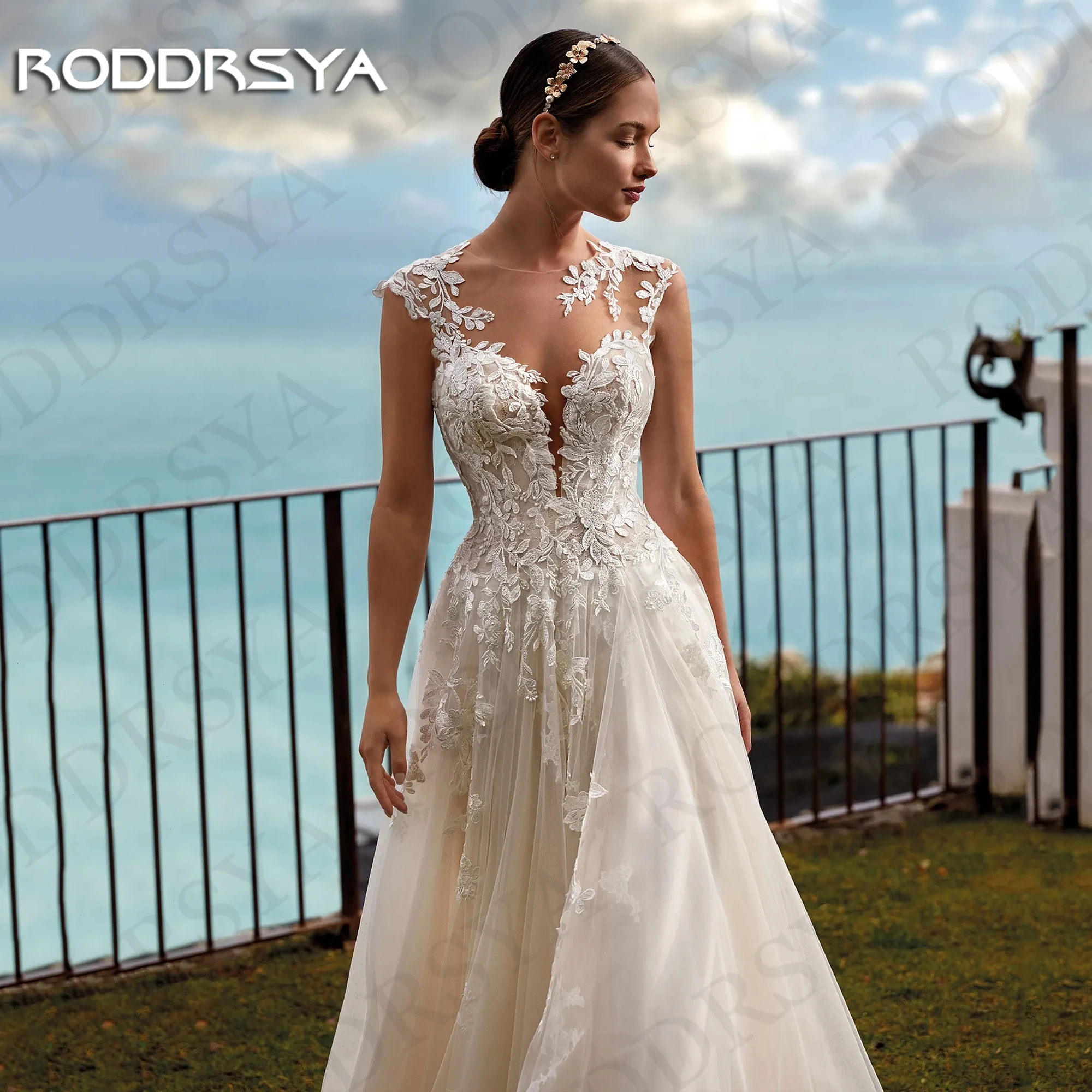 Фото Роскошное Свадебное платье с иллюзией RODDRSYA, 2024, Кружевная аппликация для невесты без рукавов, трапециевидная юбка, индивидуальный пошив, женское платье Роскошное свадебное платье с иллюзией 2024 невесты  Кружевно №3