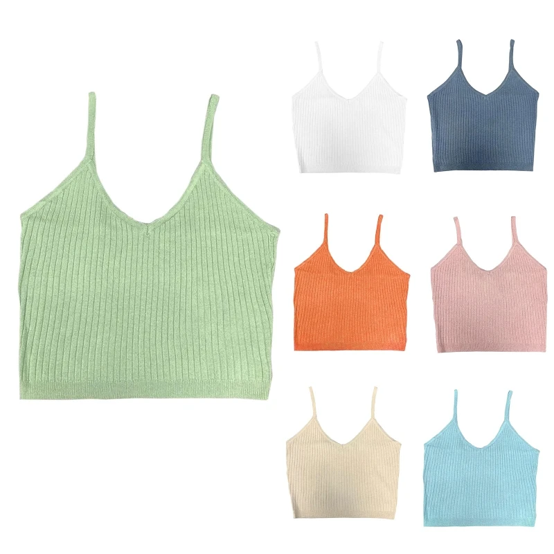 

Women Spaghetti Strap Crop Tank Top Ribbed Knit Solid Color V-Neck Slim Camisole