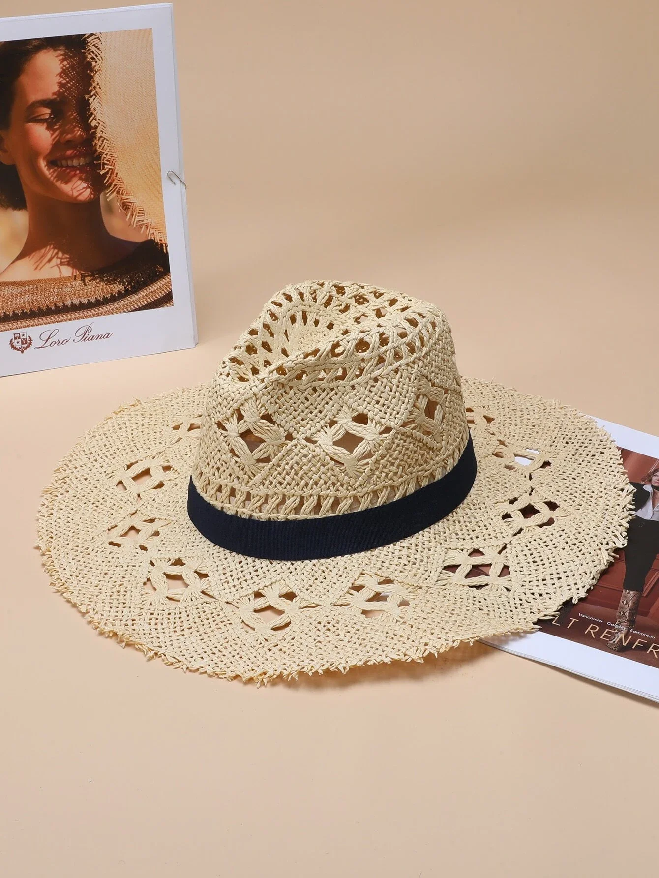 

hat Contrast Tape Hollow Out Straw Hat beach