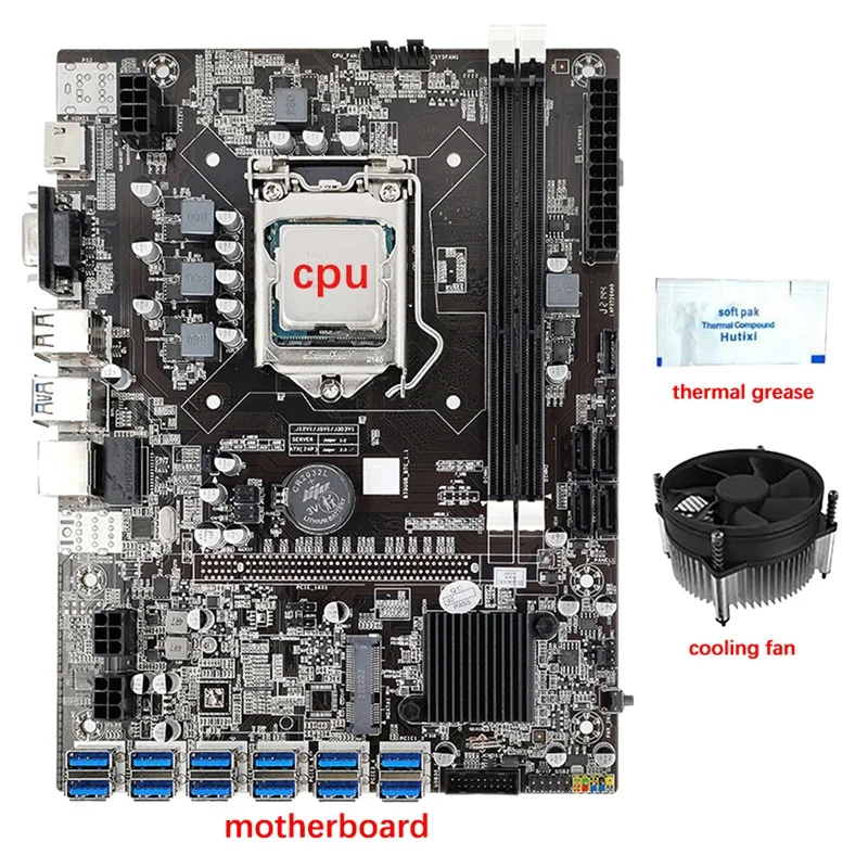 

Материнская плата B75 12 GPU + ЦП + охлаждающий вентилятор + термопаста 12 USB3.0 до PCIE1X слот LGA1155 DDR3 SATA3.0 для BTC/ETH