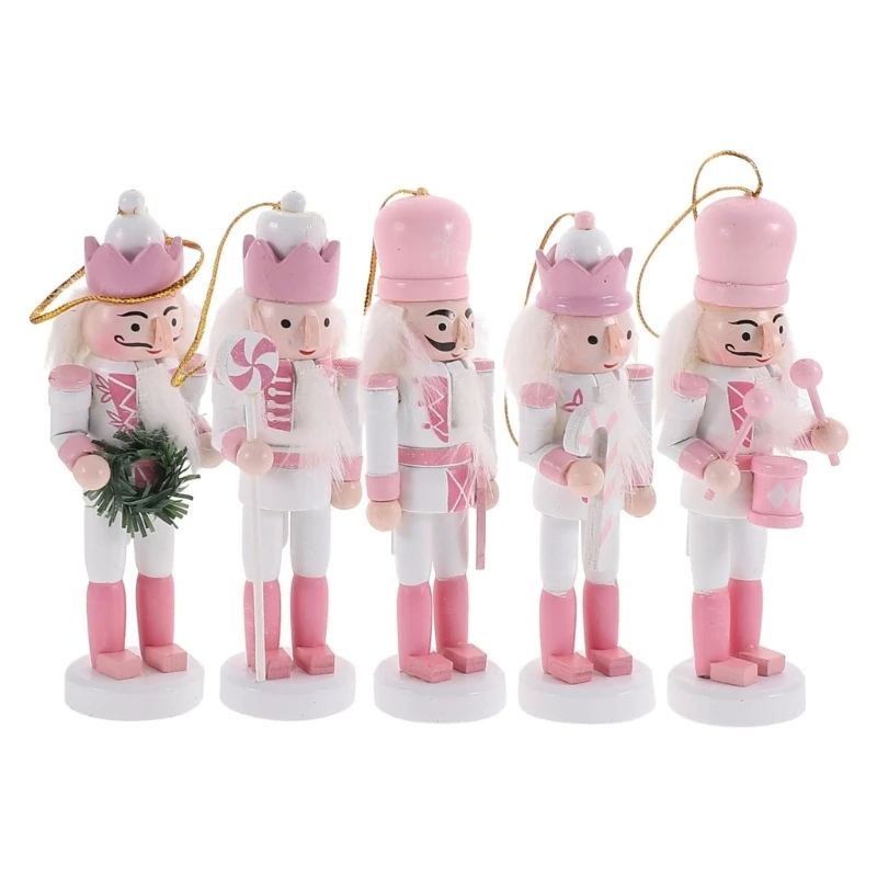 

5pcs Christmas Decoration Pink Wood Nutcrackers Soldier Figurine Puppet Ornament Indoor Winter Table Centerpieces Drop ship