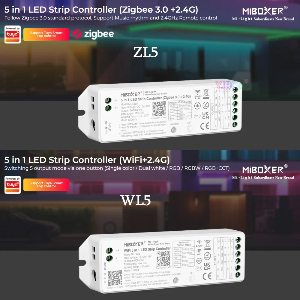 

Miboxer 5 in 1 LED Strip Controller WL5 Wifi ZL5 Zigbee 3.0 DMX512 Single color/Dual white/RGB/RGBW/RGBCCT light Dimmer 12V 24V