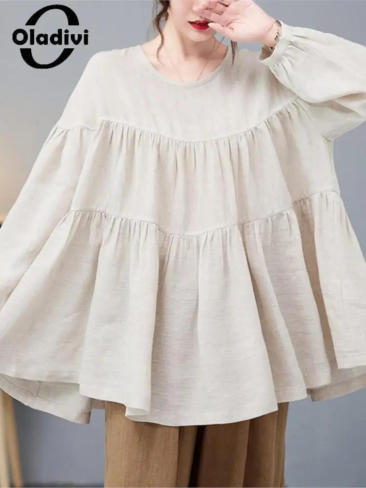 

Oladivi Large Size Women Long Sleeve Linen Blouses 2022 Spring Autumn New Shirts Casual Loose Tops Ladies Oversized Blusas 6256