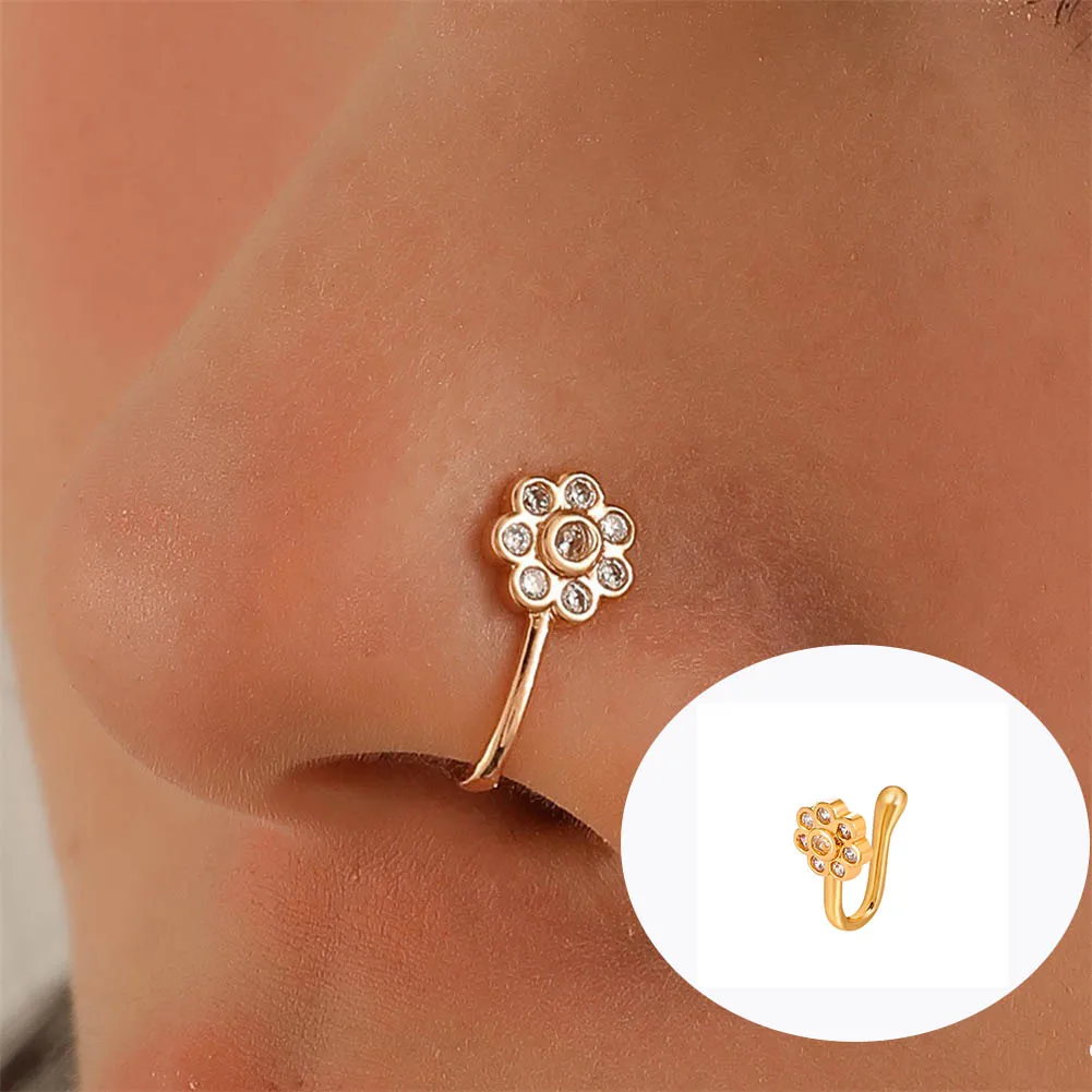 

Новинка 2022, Лидер продаж, металлическое U-образное кольцо для носа с цветочным цирконием, микро-инкрустированное неперфорированным ногтем, ...