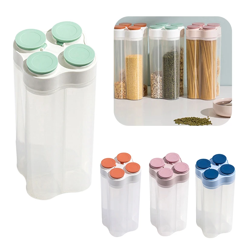 

4 Grids Grain Storage Jars Kitchen Fridge Organizer Food Storage Containers With Lid Spaghetti Beans Dry Food Classified Bottles