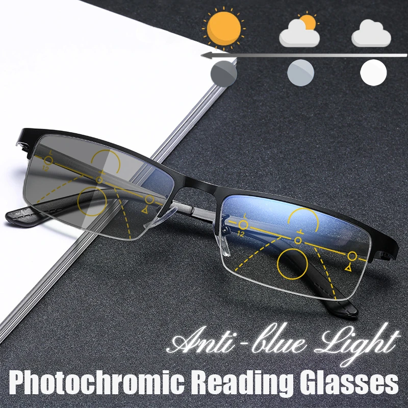 

Titanium Multifocal Reading Glasses TR90 Photochromic Men Women Progressive Bifocal Anti Blue Ray UV Protect Presbyopic Glasses