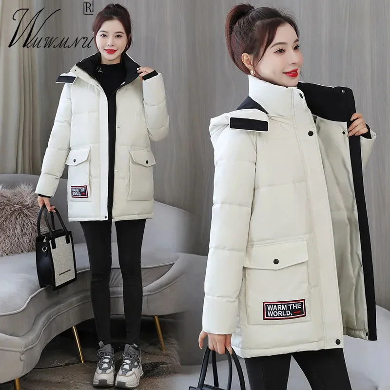 

Cargo Windproof Down Cotton Parkas Women Korean Hooded Winter Casaco Mid-Length Puffy Jackets New Stand Collar Warm Snow Coats