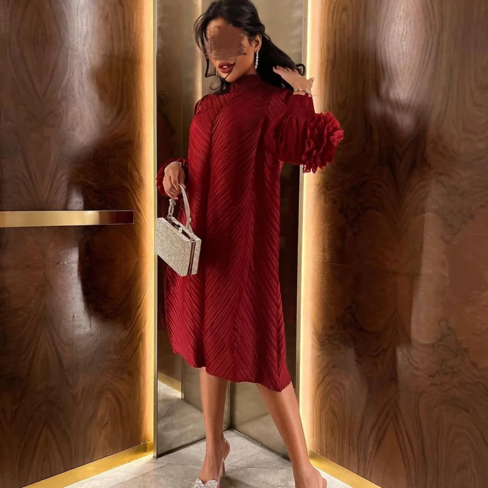 

Serendipity Satin Evening Dress Formal Occasion Mermaid Tea-Length A-Line O-Neck Pleat Dark Red Prom Gown For Charming Women