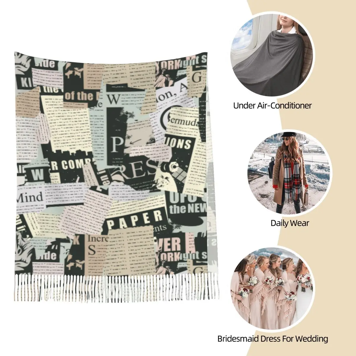 Винтажная газета шаль обертывания женский теплый длинный мягкий шарф ретро