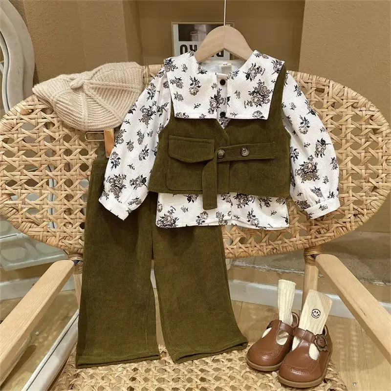 

Children Clothing 2022 Spring Autumn Korean Style Girls Fashionable Casual Sweet Corduroy Vest Shirt Pants Baby Three Piece Set