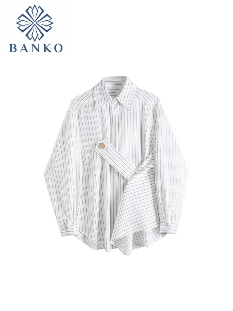 

Новинка 2022, Ранняя Осенняя Повседневная винтажная полосатая блузка, Женская свободная Осенняя офисная Асимметричная рубашка с отложным воротником и асимметричным вырезом