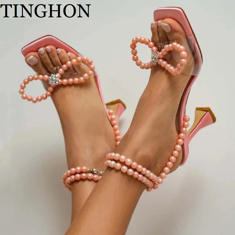 

Luxury Pearls Rhinestones Bowknot Women Sandals Elegant High heels Ankle Strap Gladiator Sandals Summer Wedding Bridal Shoes