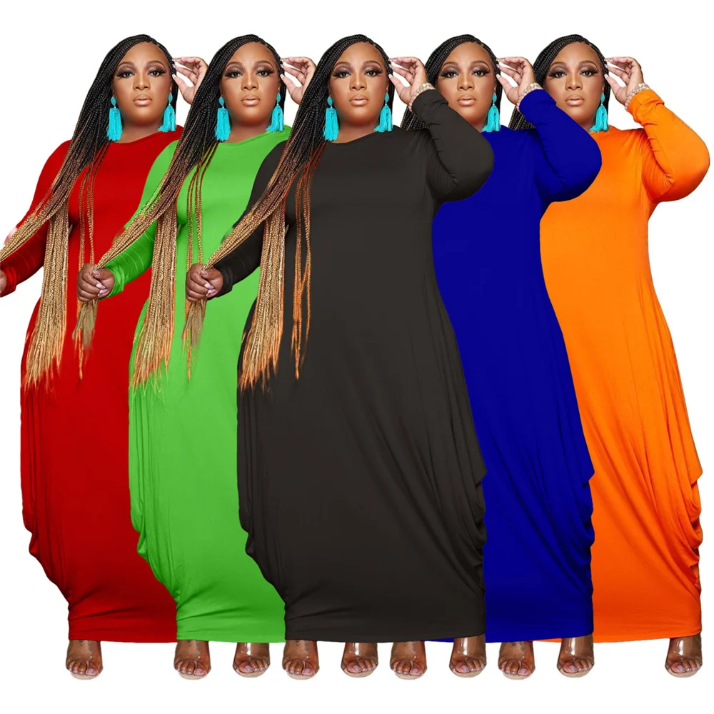 Plus Size Dresses for Women Party Sexy Fashion Round Collar Long Sleeve Women Clothing Stretch Loose Long Dre 3xl 4xl 5xl 6xl