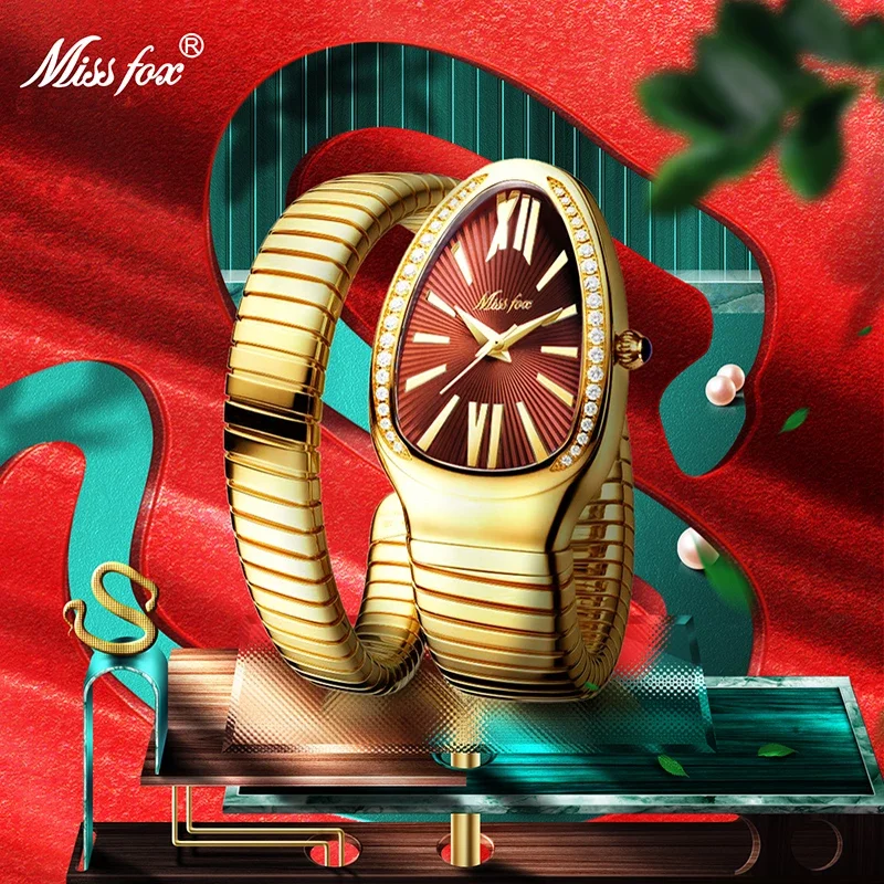 MISSFOX 2022 Snake Watch For Women Fashion Daimond Quartz Lady Watch Luxury Design Special Ladies Clock With Dress Jewelry Gift