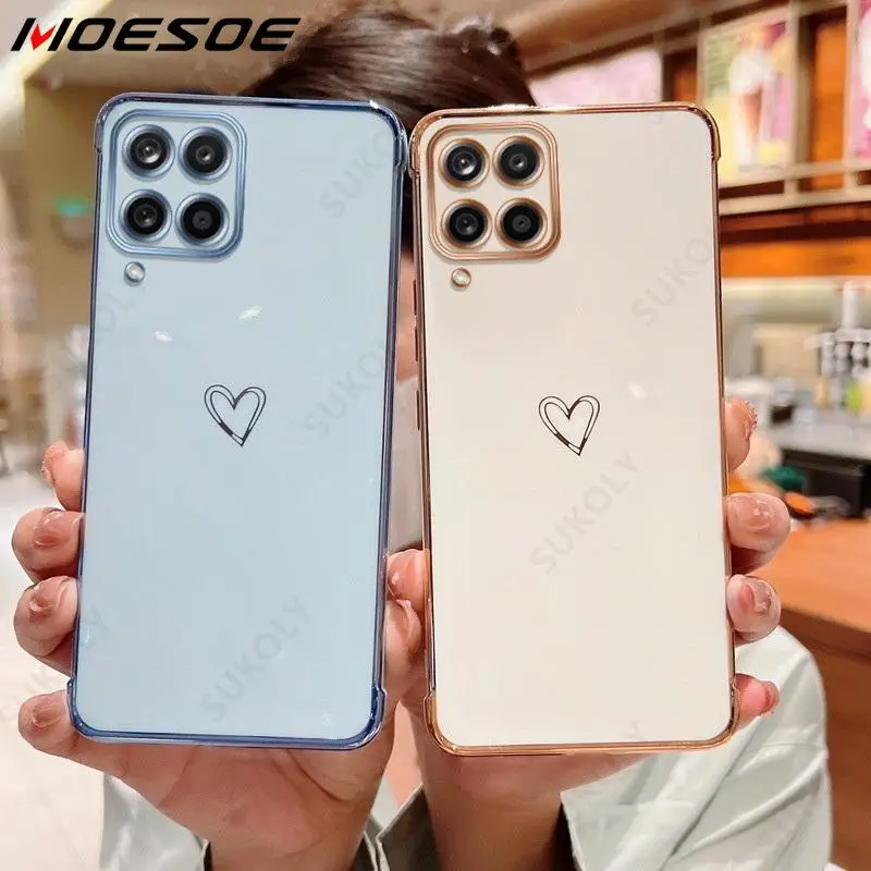 

Case For Samsung Galaxy A53 A13 A52 A52s S22 Ultra S21 S20 FE Plating Love Heart Silicone Case Shockproof Lens Protection Cover