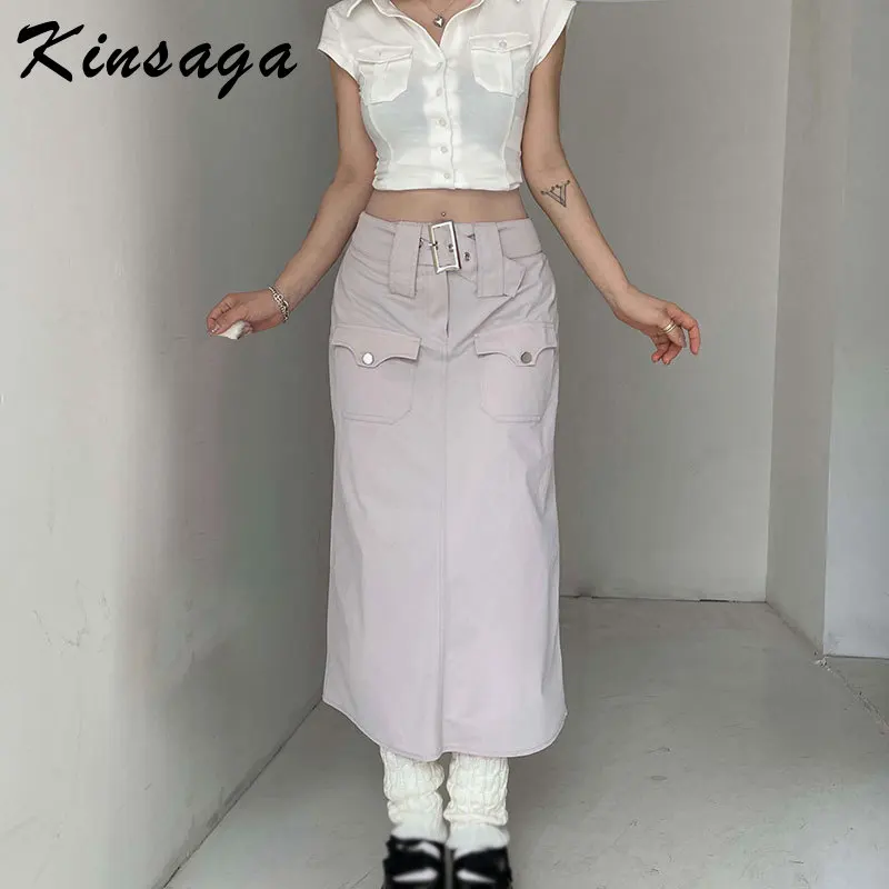 

Vintage Y2k Low Waisted Sashes Cargo Skirts Harajuku Gray Big Pockets Midi Skirts Women Streetwear Preppy Long A-line Skirts 90s