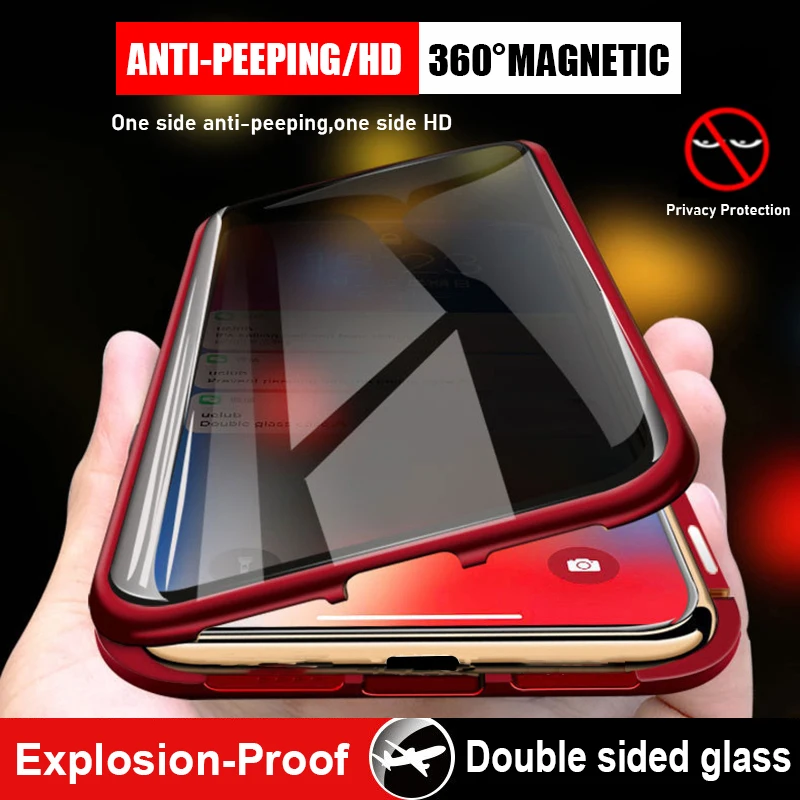 

Privacy Anti-peep Metal Magnetic Case For iPhone 12 13 Mini 11 Pro XS Max XR X SE2 8 7 6S Plus Double Sided Glass Protect Cover