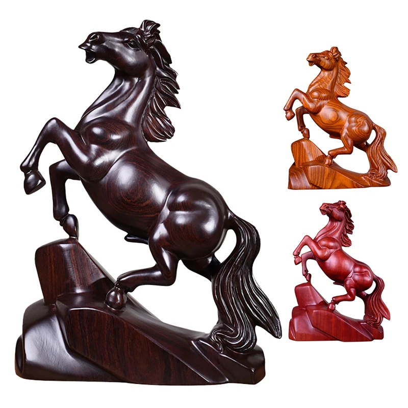 

HOT-Modern Art Whole Wood Sculpture Solid Wood Horse To Success Statue Home Office Bar Decoration Animal Statue